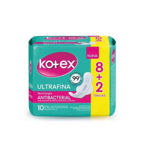 Toallas Femeninas Kotex Antibacterial Ultrafina con Alas x 10 un