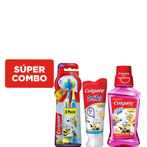 Combo Colgate Enjuague Bucal Plax Minions x 250 ml + Cepillo de Dientes Smiles 6+ Minions x 2 un + Pasta Dental Smiles Minions 6+ x 75 ml