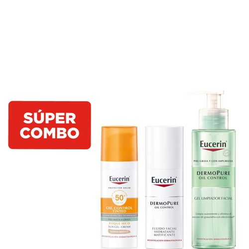 Combo Eucerin Protector Solar Tono Medio + Gel Limpiador + Fluido Facial Hidratante Dermopure