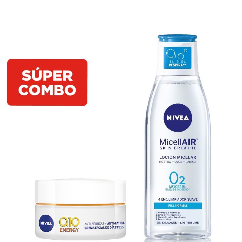 Combo-Nivea-Locion-Micelar-Micellair-Piel-Normal---Crema-Facial-Dia-Q10-Energy-Antiarrugas-FPS-15---Protector-solar-labial-FPS-30-x-48-g