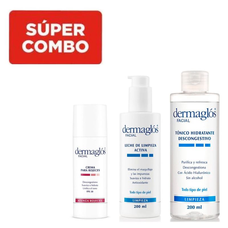 combo-dermaglos-leche-facial-limpieza-activa-x-200-ml-tonico-facial-hidratante-descongestivo-x-200-ml-emulsion-facial-para-rojeces-x-50-ml