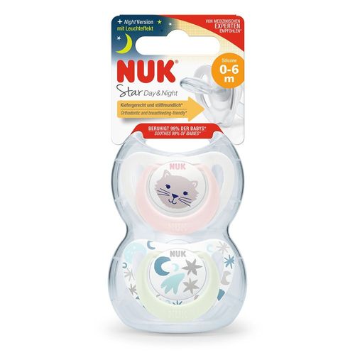 Chupete Nuk Star Day & Night Gato Rosa T1 0-6m x 2 un