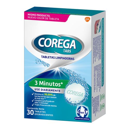 Limpiador De Prótesis Dentales y otros Aparatos Removibles Corega Tabs 3 Minutos x 30 un