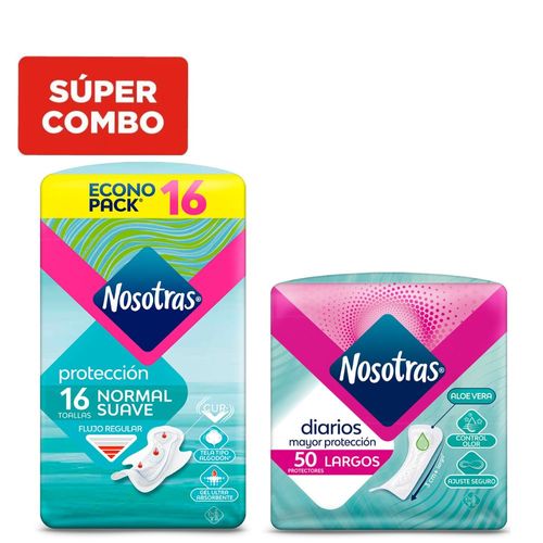 Combo Nosotras Toallas Femeninas Normal x 16 un + Protector Diario Largos x 50 un