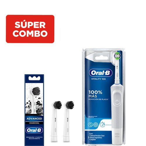 Combo Oral B Vitality Cepillo Dental Eléctrico 100 + Repuesto Cepillo Dental Electrico Charcoal x 2 un