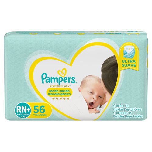 Pañales Pampers Premium Care Hipoalergénico RN+ x 56 un