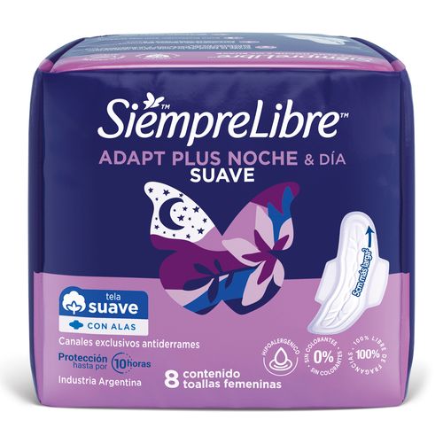 Toallas Femeninas Siempre Libre Adapt Plus Noche y Día Suave con Alas x 8 un