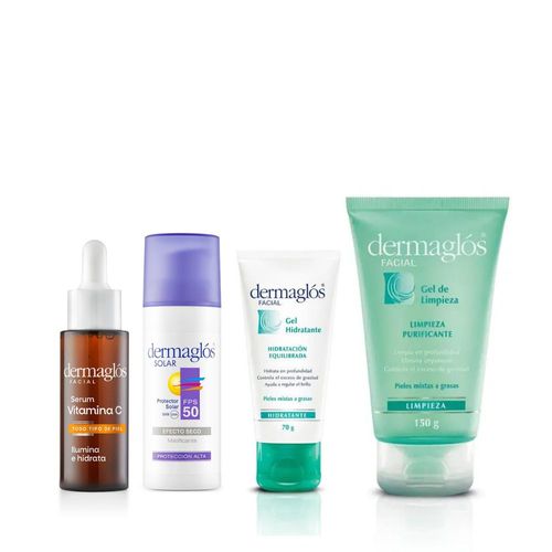 Combo Facial Dermaglós Gel de Limpieza x 150 ml + Gel Hidratante x 70 g + Sérum Vitamina C x 25 ml + Protector Solar FPS +50 x 180 g