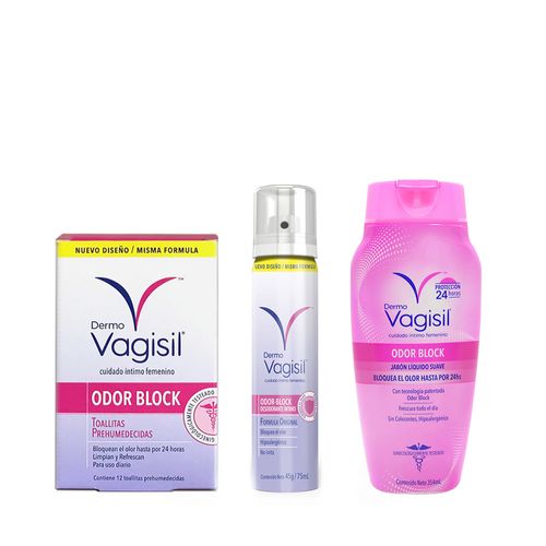 Toallitas Íntimas Dermovagisil Odor Block x 12 un + Desodorante Íntimo x 75 ml + Jabón Líquido Íntimo x 354 ml