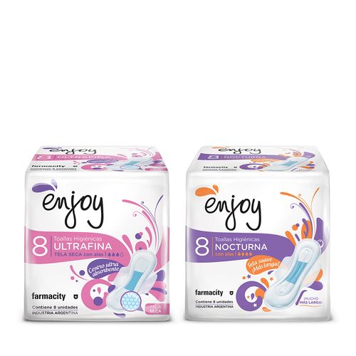 Combo Enjoy Toallas Femeninas Ultrafina 8 un + Nocturnas Tela Suave 8 un