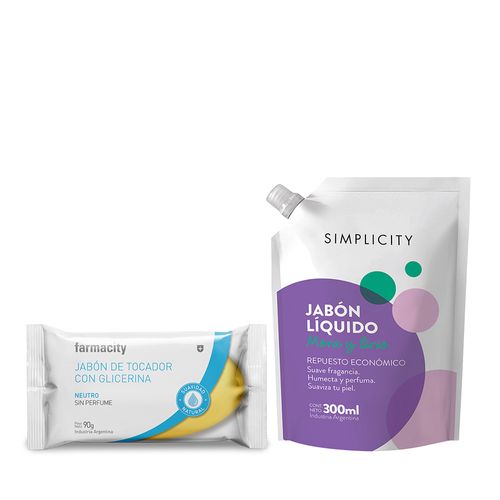 Repuesto de Jabón Líquido Simplicity Mora y Lirio x 300 ml + Jabón Cremoso Farmacity Neutro x 90 g