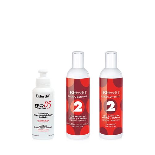 Combo Biferdil Antif-Frizz con Aceite de Argán y Camelia Shampoo x 295 ml + Bálsamo x 295 ml + Tratamiento Capilar x 155 ml