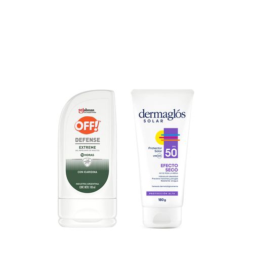 Combo Protector Solar Dermaglós Efecto Seco en Crema Fps 50 x 180 g + Repelente para Mosquitos OFF! Defense Extreme Gel x 100 ml