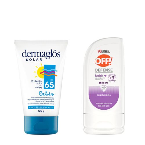 Combo Dermaglós Off Protector Solar Bebés FPSs 65 + Repelente Defense Bebé Gel con Icardina