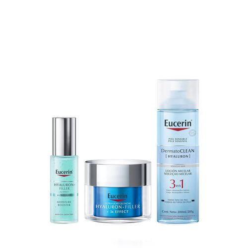 Combo Eucerin Hyaluron Filler Hydrating Booster x 30 ml + Crema x 50 ml + Locion Limpiadora Dermatoclean x 200 ml