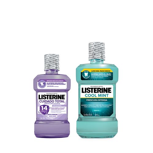 Combo Listerine Enjuague Bucal Cuidado Total Frescura Suave Sin Alcohol x 250 ml + Enjuague Bucal Cool Mint Frescura Intensa x 500 ml