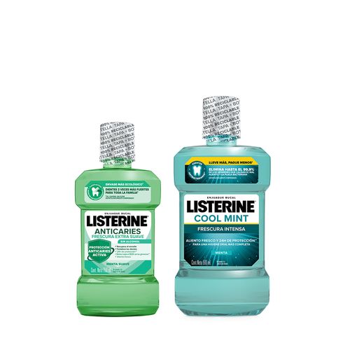 Combo Listerine Enjuague Bucal Anticaries Frescura Suave Sin Alcohol x 250 ml + Enjuague Bucal Cool Mint Frescura Intensa x 500 ml