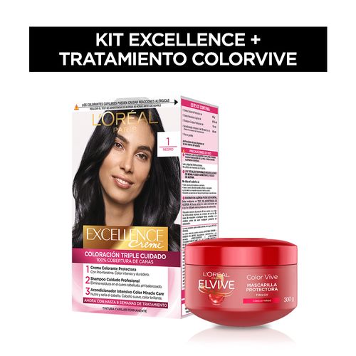 Kit Excellence Creme Tono 1 Negro + Elvive Colorvive Crema Tratamiento 300 ml