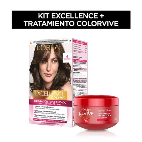 Kit Excellence Creme Tono 4 Castaño + Elvive Colorvive Crema Tratamiento 300 ml