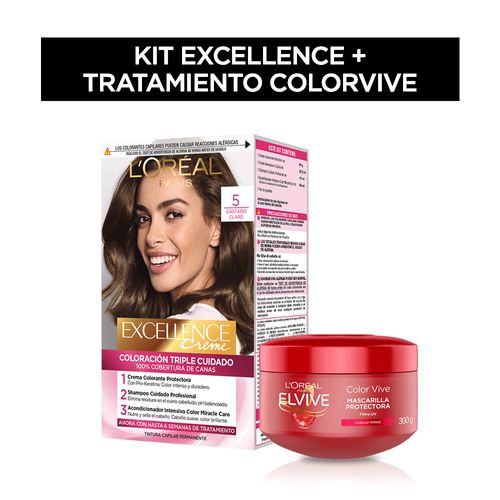 Kit Excellence Creme Tono 5 Castaño Claro + Elvive Colorvive Crema Tratamiento 300 ml