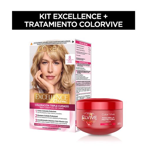 Kit Excellence Creme Tono 8 Rubio Claro + Elvive Colorvive Crema Tratamiento 300 ml