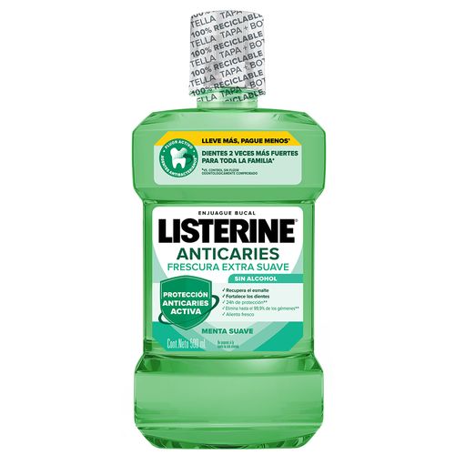 Enjuague Bucal Listerine Anticaries Frescura Suave Sin Alcohol x 500 ml