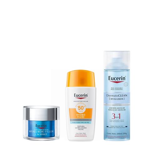 Combo Eucerin Loción Limpiadora Dermatoclean x 200 ml + Gel Facial Hyaluron-Filler x 50 ml + Protector Solar Hydro Fluid Fps 50 x 50 ml