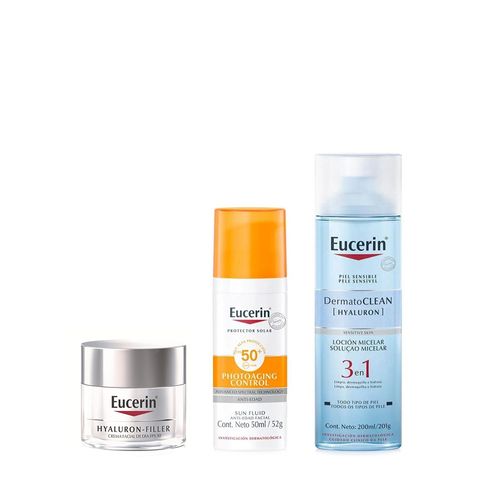 Combo Eucerin Antiedad Loción Limpiadora con Ácido Hialurónico x 200 ml + Crema Fps 30 x 50 ml + Fluido Sun Fps 50 x 50 ml