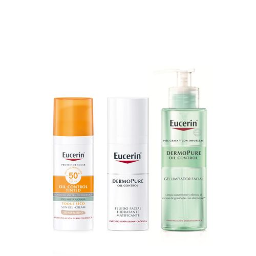 Combo Eucerin Oil Control Gel Limpiador x 200 ml + Fluido Matificante Efecto Antibrillo x 8 horas x 50 ml + Protección Solar Tono Medio Fps 50