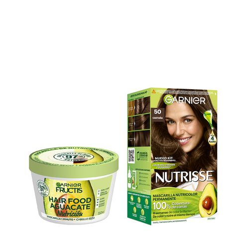 Combo Tratamiento Garnier Fructis Hair Food Máscara de Nutrición x 350 ml + Kit Coloración Permanente Nutrisse Clásicos Tono 50 Castana Clasico