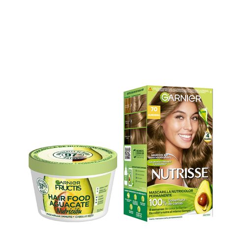 Combo Tratamiento Garnier Fructis Hair Food Máscara de Nutrición x 350 ml + Kit Coloración Permanente Nutrisse Clásicos 70 Almendra Clasico