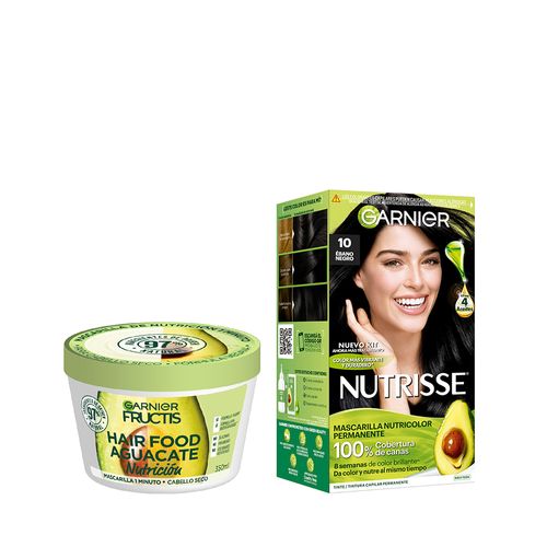 Combo Tratamiento Garnier Fructis Hair Food Máscara de Nutrición x 350 ml + Kit Coloración Permanente Nutrisse Clásicos 10 Ebano Negro Clasico