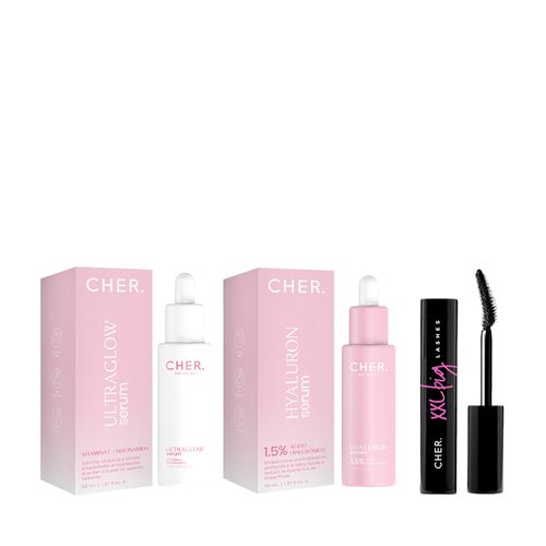 Kit Cher: Sérum Ultra Glow + Sérum Hyaluron + Máscara de Pestañas