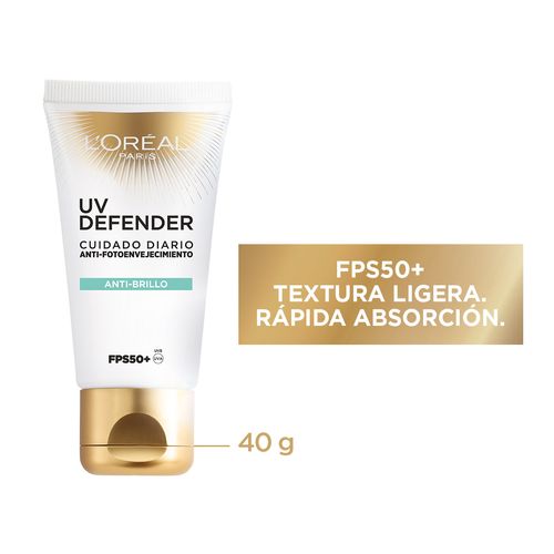 Protector Solar L'Oréal Paris UV Defender FPS50+ Anti Brillo sin Color x 40 g
