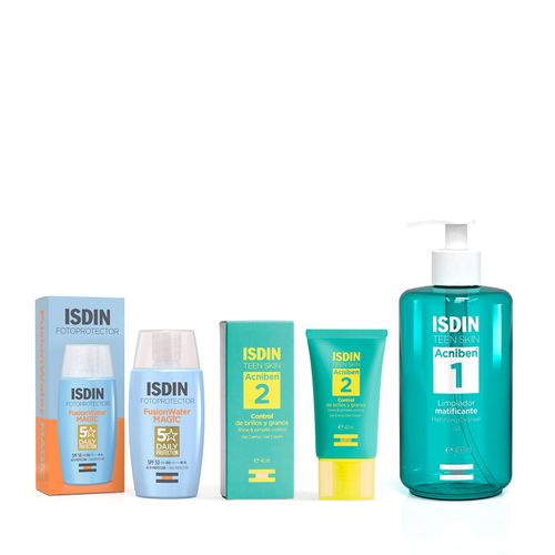 Combo Isdin Acniben Limpieza Facial x 400 ml + Crema Gel Control de Brillo y Granos x 40 ml + Fotoprotector Spf 50+ x 50 ml