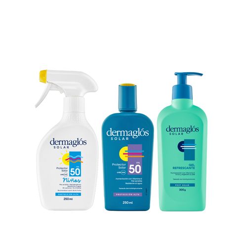 Combo Dermaglós Protector Solar Fps 50 + Niños Fps 50 Spray + Gel Post-Solar