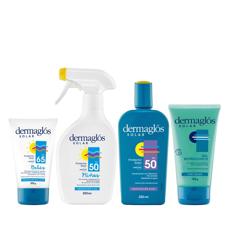 combo-dermaglos-protector-solar-fps-50-x-250-ml-niños-fps-50-spray-x-250-ml-bebes-fps-65-x-120-g-gel-post-solar-refrescante-x-150-g