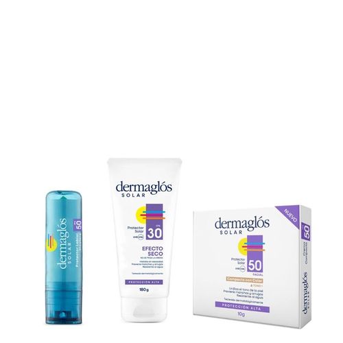 Combo Dermaglós Protección Solar Labial FPS 50 x 3,4 g + Facial FPS30 Efecto Seco x 180 g + Facial Crema Compacta FPS 50 Tono 1 x 10g