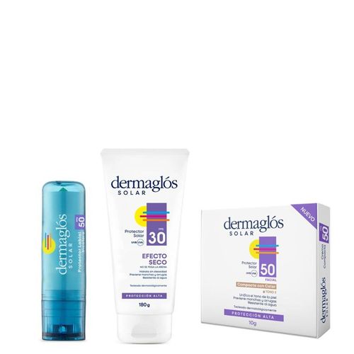 Combo Dermaglós Protección Solar Labial FPS 50 x 3,4 g + Facial FPS30 Efecto Seco x 180 g + Facial Crema Compacta FPS 50 Tono 2 x 10g