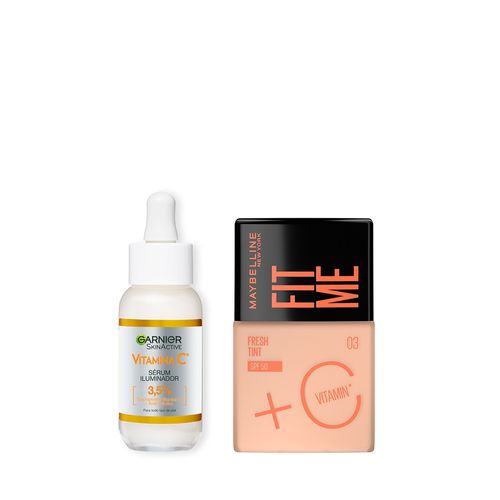 Kit Rostro Base + Sérum: Serum Vitamina C + Base de Maquillaje Fit Me Fresh Tint Tono 3