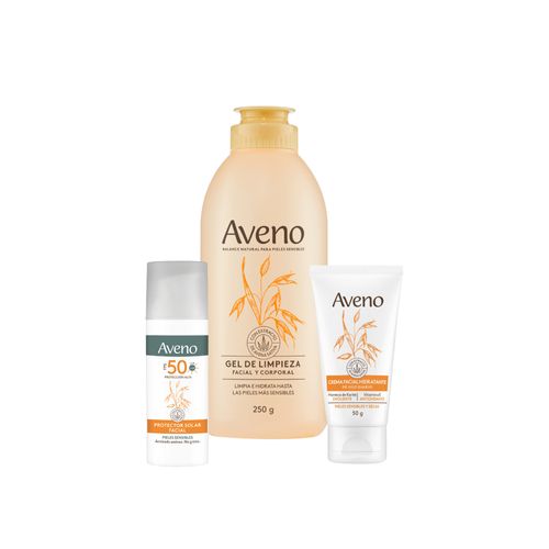 Combo Aveno Gel de Limpieza x 250 g + Protección Solar Facial FPS 50 x 50 g + Crema Hidratante Piel Seca x 50 g