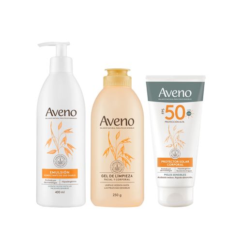 Combo Aveno Gel de Limpieza x 250 g + Emulsión Hidratante x 400 ml + Protección Solar Corporal FPS 50 x 175 ml