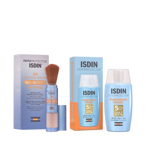 Combo Isdin Fotoprotector Sun Brush Mineral 50 + Brocha Ultraligera + Protector Solar Facial Fotoprotector Fusion Water Magic SFP 50 x 50 ml