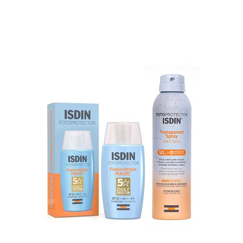 Combo Isdin Protector Solar Facial Fotoprotector Fusion Water Magic SFP 50 x 50 ml + Fotoprotector Transparent Wet Skin Fps 50+ en Spray x 250 ml