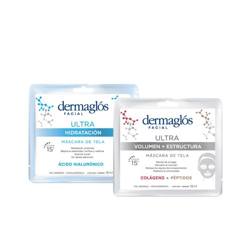 Combo Máscaras Dermaglós Ultra Hidratación x 15 ml + Ultra Volumen y Estructura x 15 ml