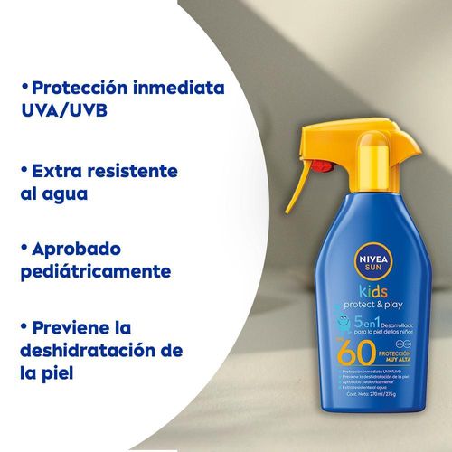 Protector Solar Nivea Protect & Play Kids Trigger Spray FPS 60 y Protección UVA 5 en 1 x 270 ml