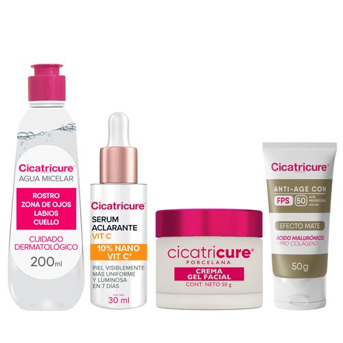 Combo Facial Cicatricure Limpieza + Hidratación Aclarante + Crema Gel Porcelana + Crema Fps 50