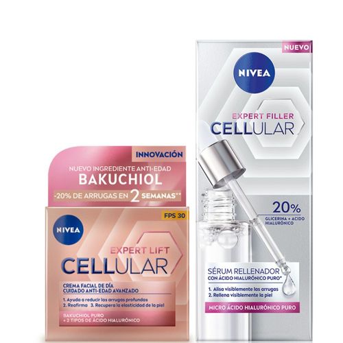 Combo Nivea Cellular Serum con Acido Hialuronico x 30 ml + Crema Facial Antiedad de Día Lift Expert Fps 30 con Bakuchiol x 50 ml