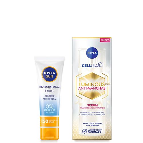 Combo Nivea Protector Solar Facial Control Anti-Brillo FPS 50 x 50 ml + Sérum Antimanchas Luminous 630 Tratamiento Avanzado x 30 ml