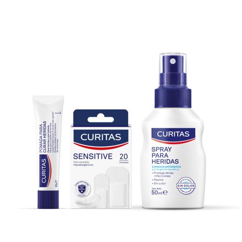 Combo Curitas Pomada Para Heridas Cicatrización Rápida x 20 g + Apósitos Adhesivos Sensitive x 20 un + Spray Heridas Rápido y Sin Dolor x 50 ml